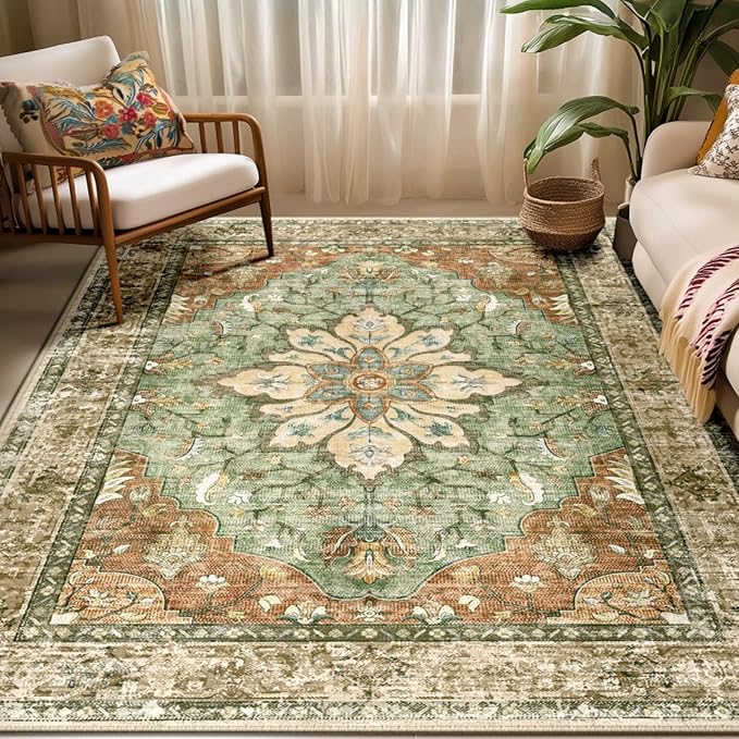 RELEANY Area Rugs 5'x7' Washable Non-Slip, Floral Vintage Distress Print by RELEANY