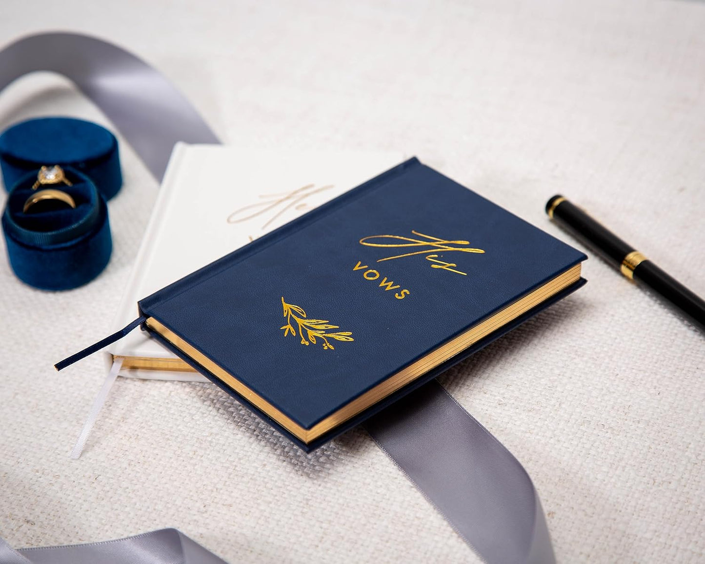 MUUJEE Hard Cover Vow Books (Set of 2) - Foil Embossed Wedding Ceremony Vow Renewal Speech Books, Couple Gifts for Engagement (His Her (Navy & White))