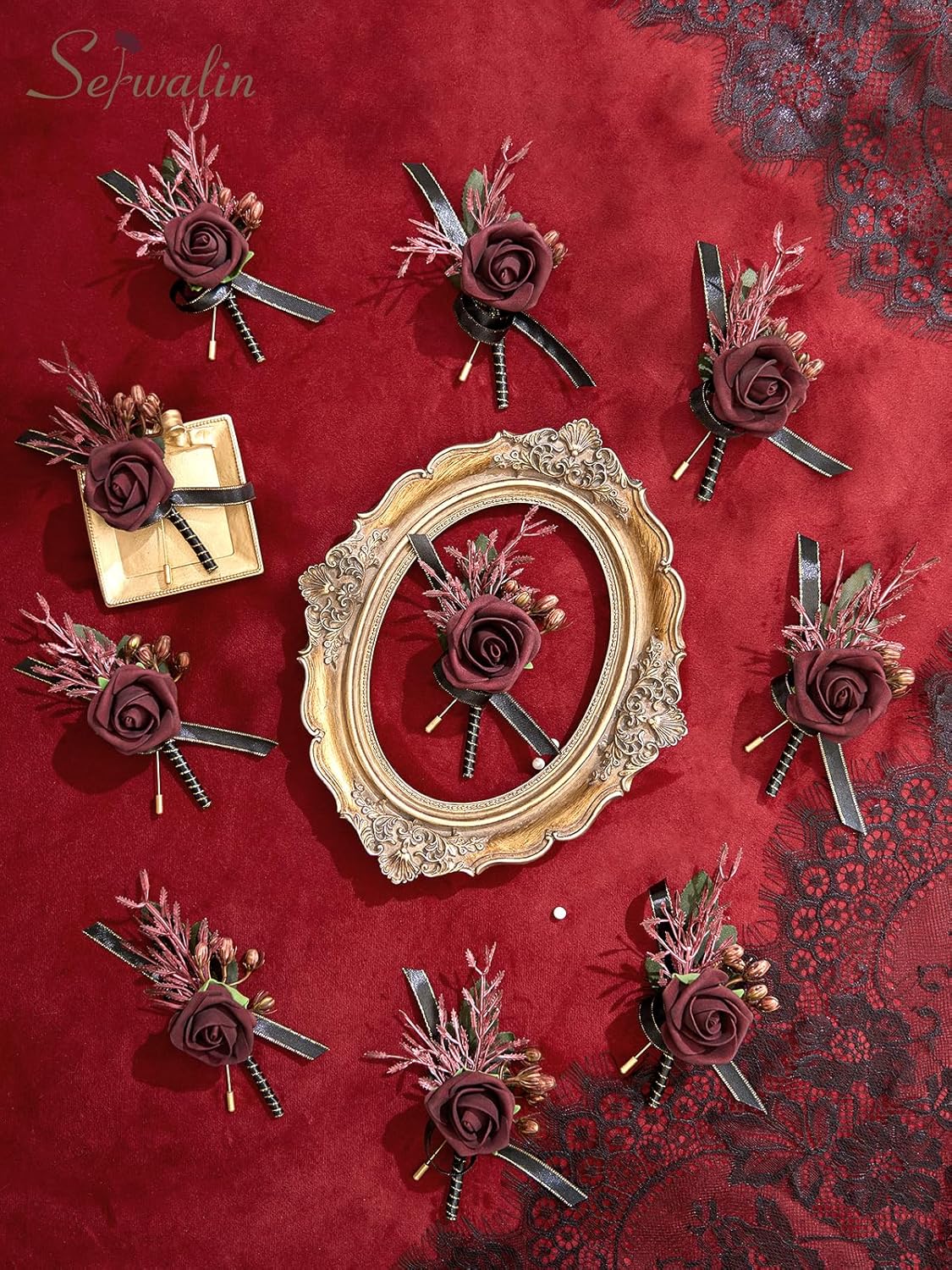 Serwalin 10Pcs Boutonniere for Men, Burgundy Groom and Best Man Boutonniere, Artificial Flowers for Wedding Decor Prom Homecoming Ceremony Anniversary Formal Dinner Party