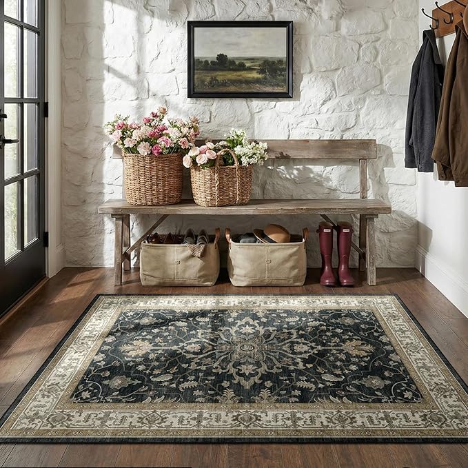 RELEANY Area Rugs 3'x5' Washable Non-Slip, Floral Vintage Distress Print - Image 2