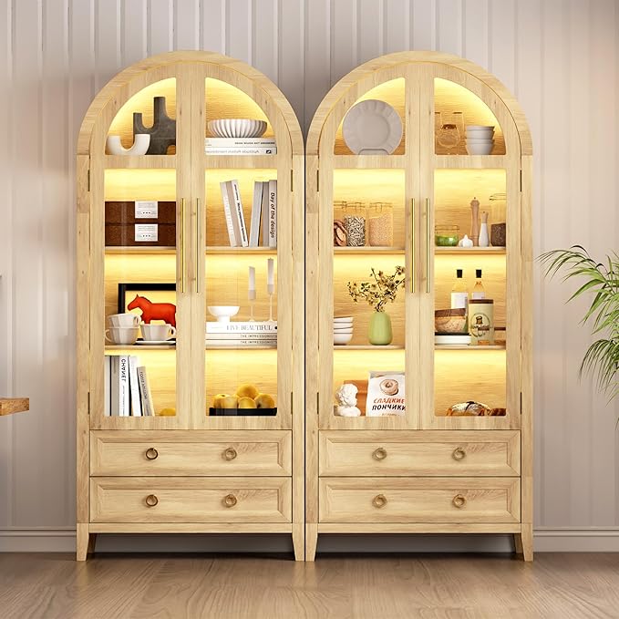 Arched Curio Cabinet with Glass Doors, 4-Tier Display Cabinet with 2 Drawers - Image 8