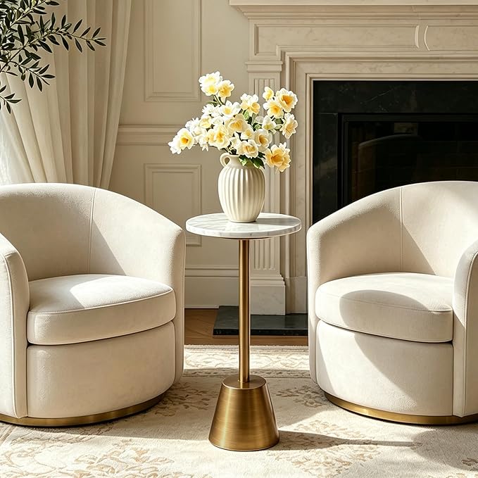 White Marble Pedestal Side Table, Round Accent End Table - Image 3