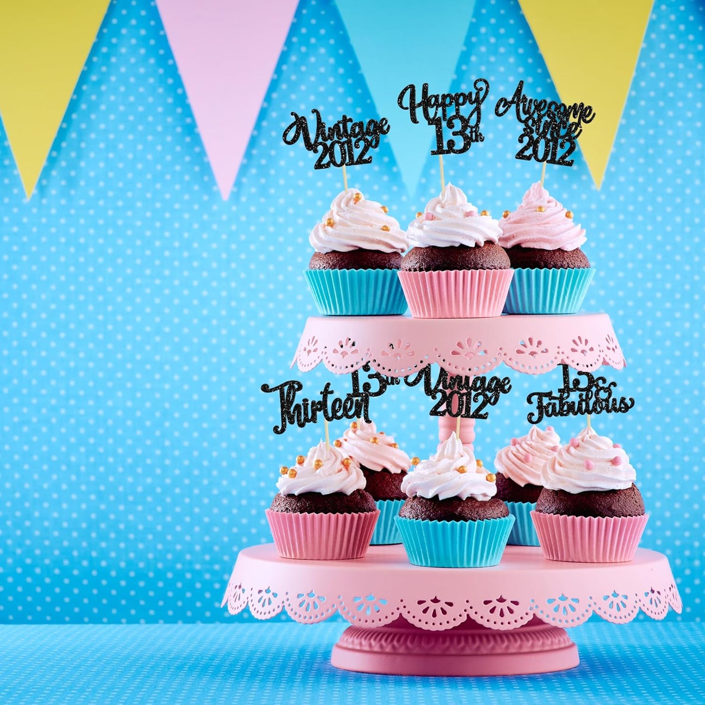 30Pcs Happy 13th Birthday Cupcake Toppers Glitter Thirteen Vintage 2012 Cupcake Picks Cheers to 13 Fabulous Cake Decorations for 13th Birthday Wedding Anniversary Party Supplies Black