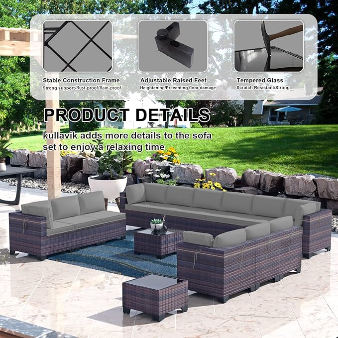 Kullavik 14 Pieces Outdoor Patio Furniture Set, Sectional Rattan Sofa Set Brown - Image 4