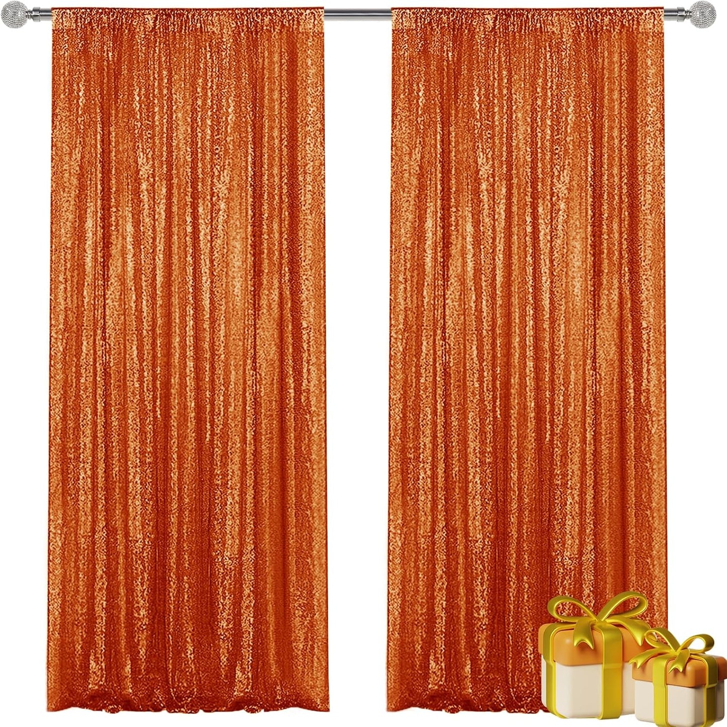 Orange Sequin Backdrop Curtain 2 Pieces 2FTx8FT Glitter Photography Backdrop for Party Wedding Birthday Christmas Decorations