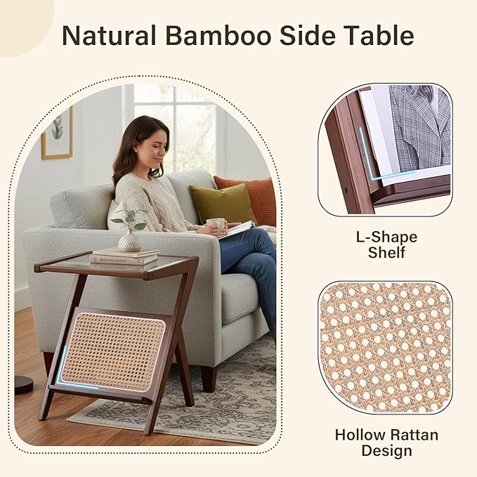 Tiita Rattan Nightstand Side Table, Bamboo Accent Bedside Tables, Glass Coffee - Image 7