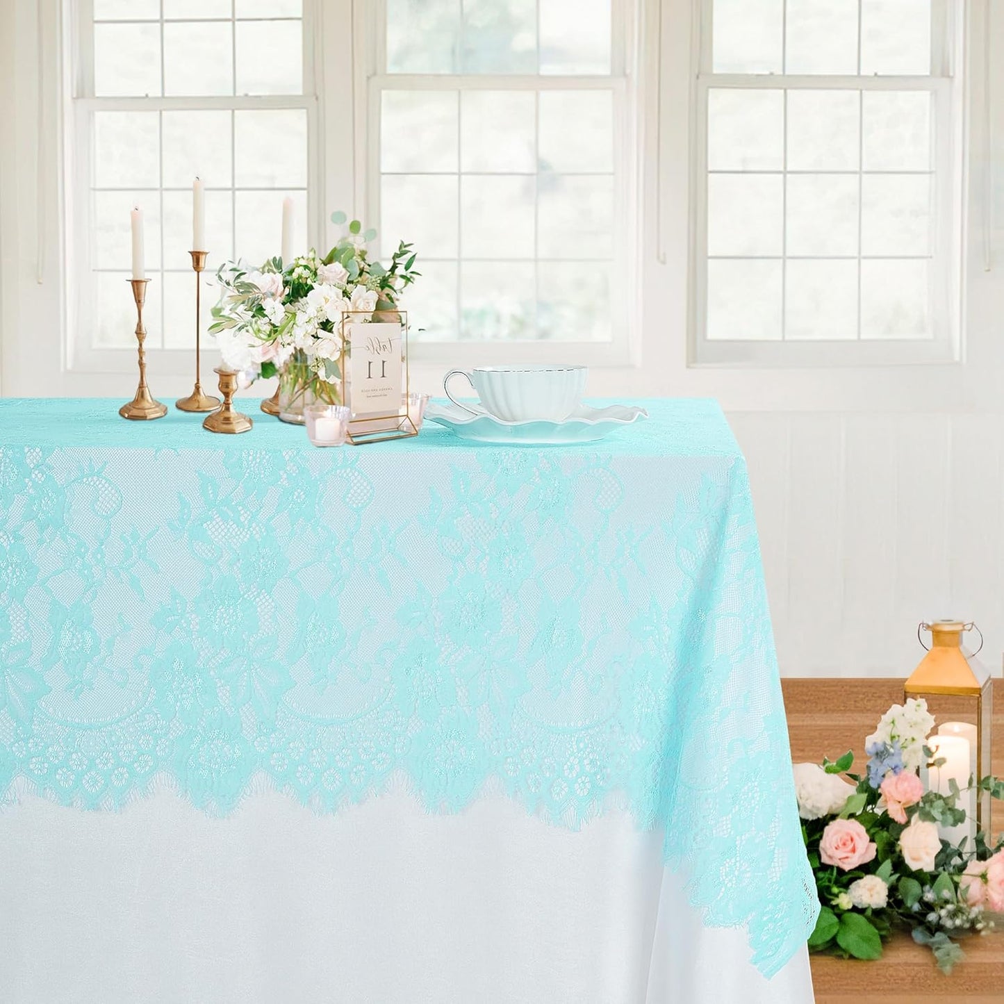 LuoluoHouse Lace Tablecloths Blue Chic Table Fabric 2pcs 60x120 Inch for Rustic Boho Wedding Bridal Shower Party Decoration Rectangle Overlay Blue Long Vintage Embroidered Reception Table Cloth Decor