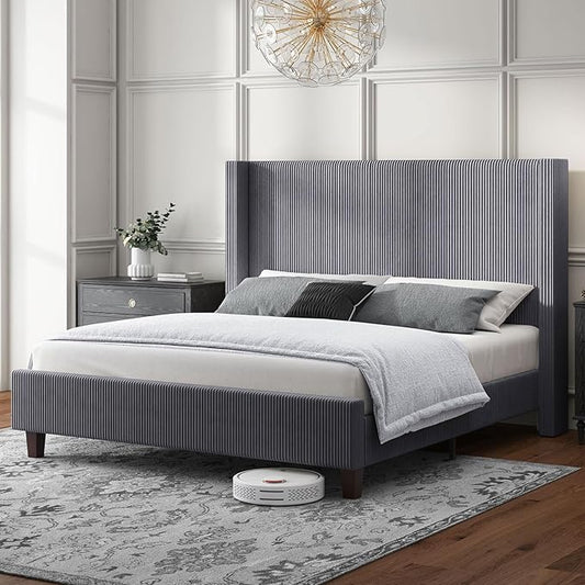 HOWE King Size Bed Frame with 50.8" Tall Wingback Headboard, Modern Corduroy by HOWE