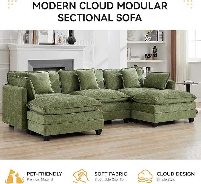 111'' Sectional Cloud Deep Seat Couch, Oversized Chenille U Shaped Sectional - Image 7