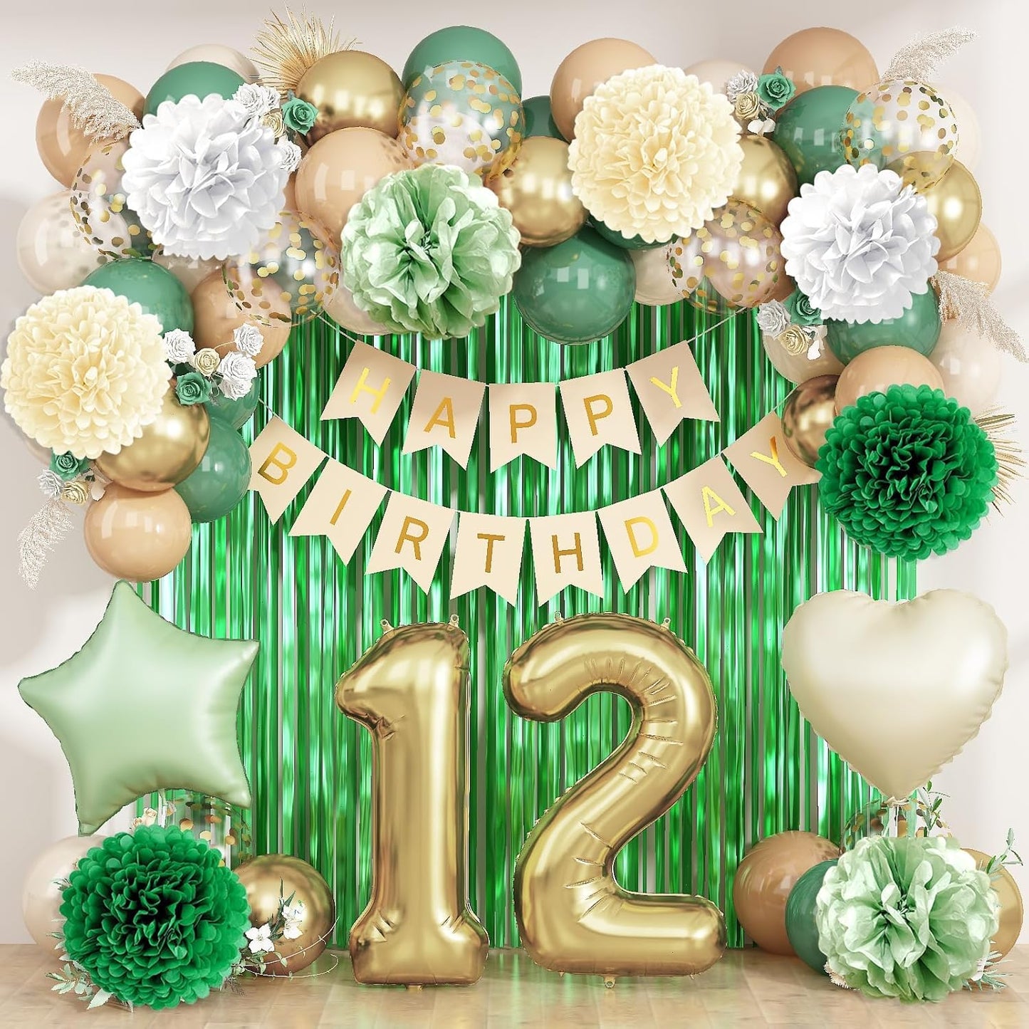 Sage Green 12th Birthday Decorations for Boys Girls Gold Number 12 Balloon Nude Gold Happy Birthday Banner Fringe Curtain Paper Pom Poms Olive Green Cream White Sand Star Foil Balloons Party Decor