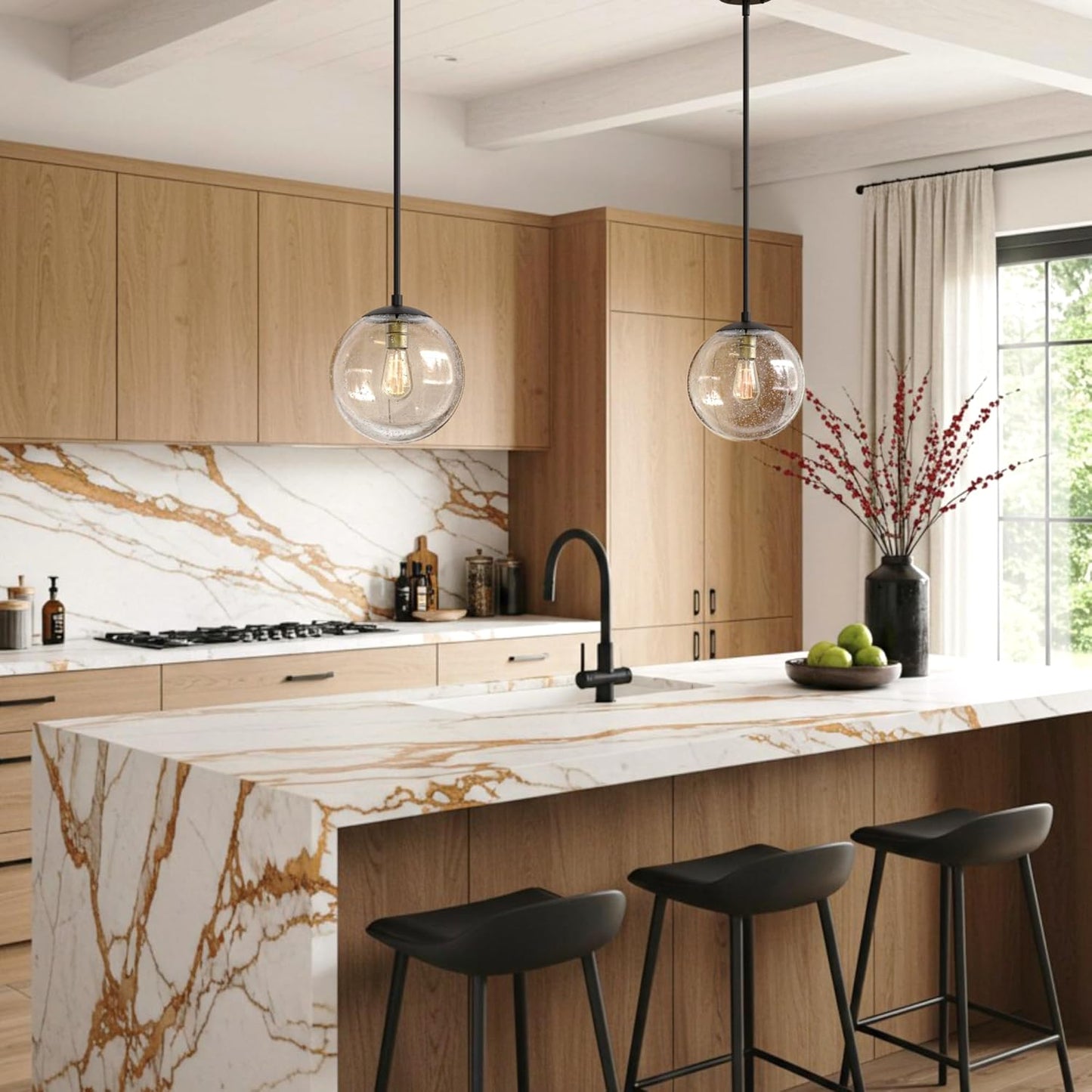 Globe Pendant Lighting, Black and Gold Pendant Light for Kitchen Island, 9.5 inch Seeded Globe Glass Shade for Kitchen, Hallway, Entryway, Dining Room, Bedroom, Living Room