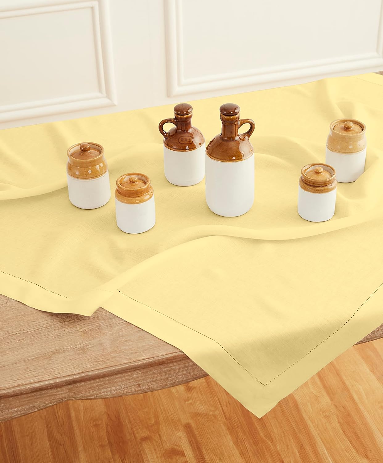 Solino Home Square Linen Tablecloth 52 x 52 Inch - 100% Pure Linen Yellow Table Throw - Classic Hemstitch, Machine Washable Table Cloth