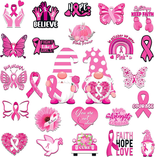 Xuhal 25 Pcs Breast Cancer Awareness Magnets Decoration Pink Gnome Ribbon Butterfly Flower Love Decorative Fridge Magnetic Stickers for Mailbox Car Metal Garage Door Decoration
