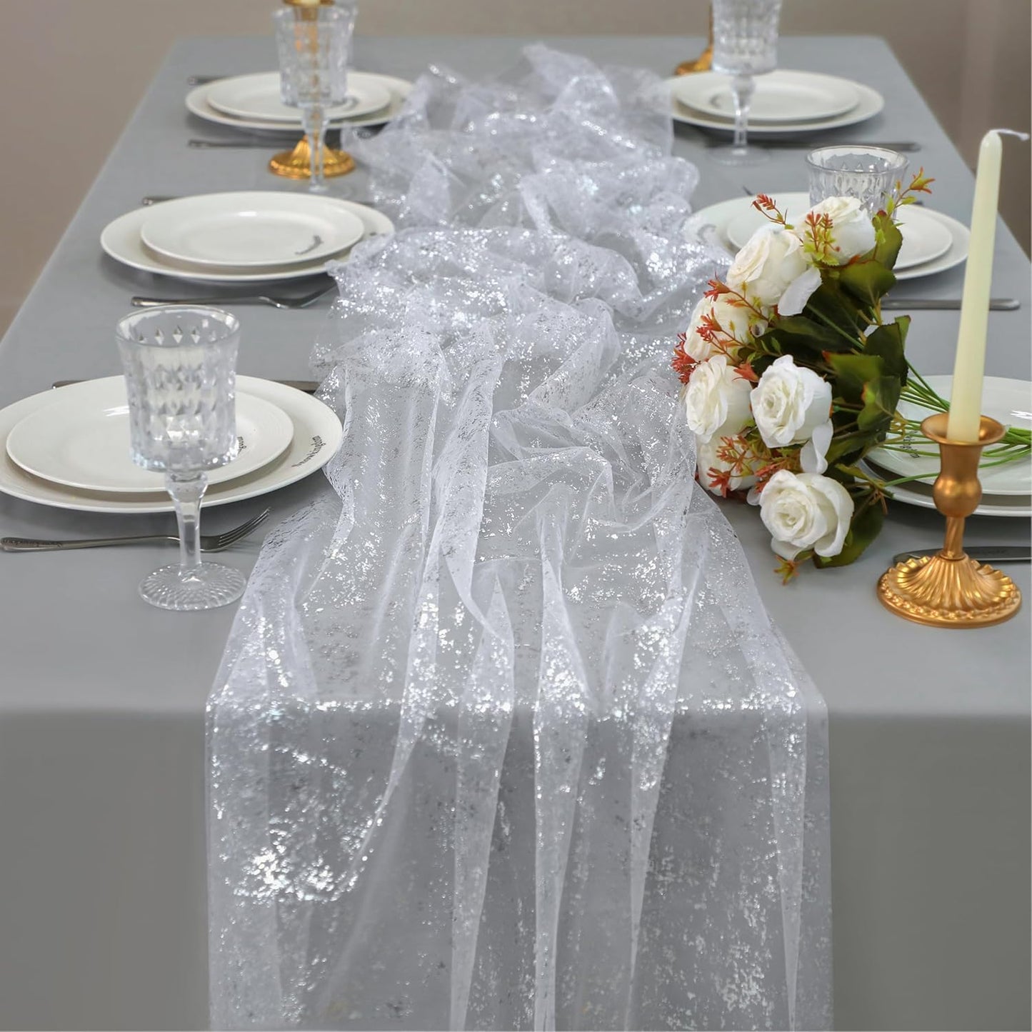 Snowkingdom 10 FT White Silver Cheesecloth Table Runner, Sequin Metallic Foil Sheer Chiffon Gauze, Glitter Silver Party Table Decoration Centerpieces for Wedding Birthday Bridal Baby Shower Christmas