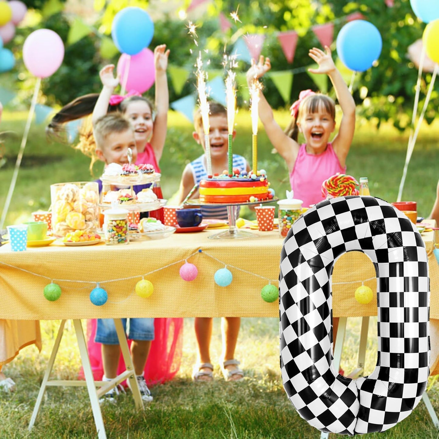 40 Inch Checkered Number Balloon - Race Flag Pattern Big Helium Balloon for Birthday Party Decorations - Black & White Balloon for Kids Adults Party Supplies (Racing Car, Number 0)