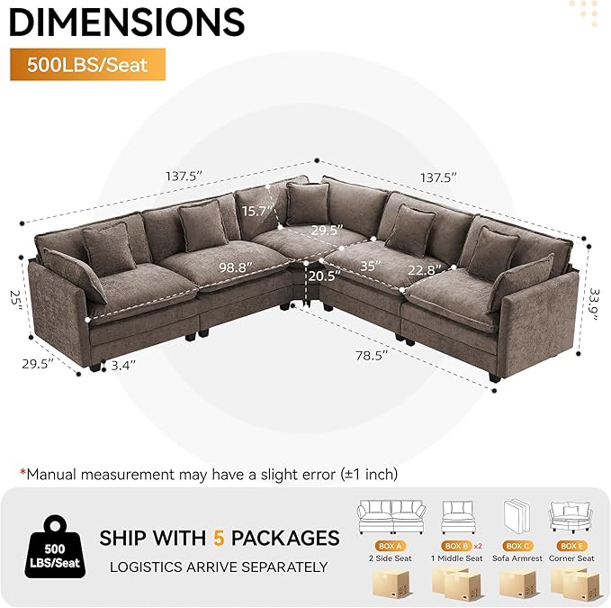 113'' V Shaped Cloud Sectional Sofa, Oversized Deep Seat Couches - Image 2