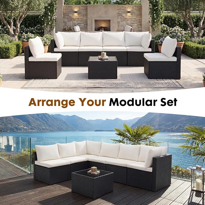 DUMOS 7 Piece Outdoor Patio Sectional Sofa, Modular Wicker Furniture Set - Image 7