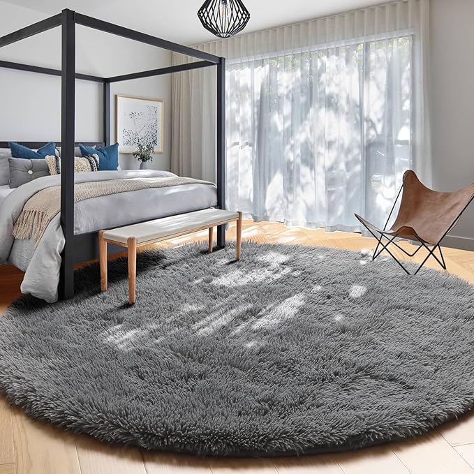 Amdrebio Grey Round Rugs 6Ft for Bedroom Living Room Decor, Fluffy Shaggy - Image 6