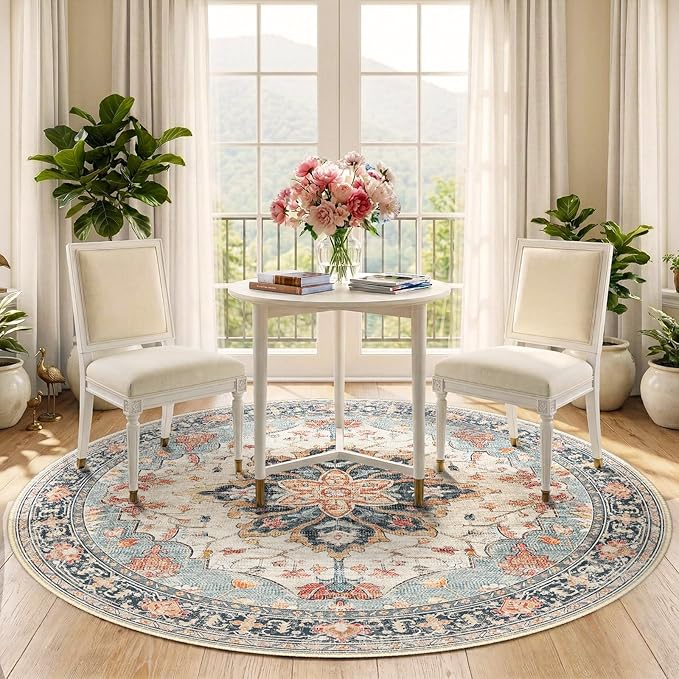 RELEANY Area Rugs Round 5ft Washable Non-Slip, Floral Vintage Distress Print - Image 2