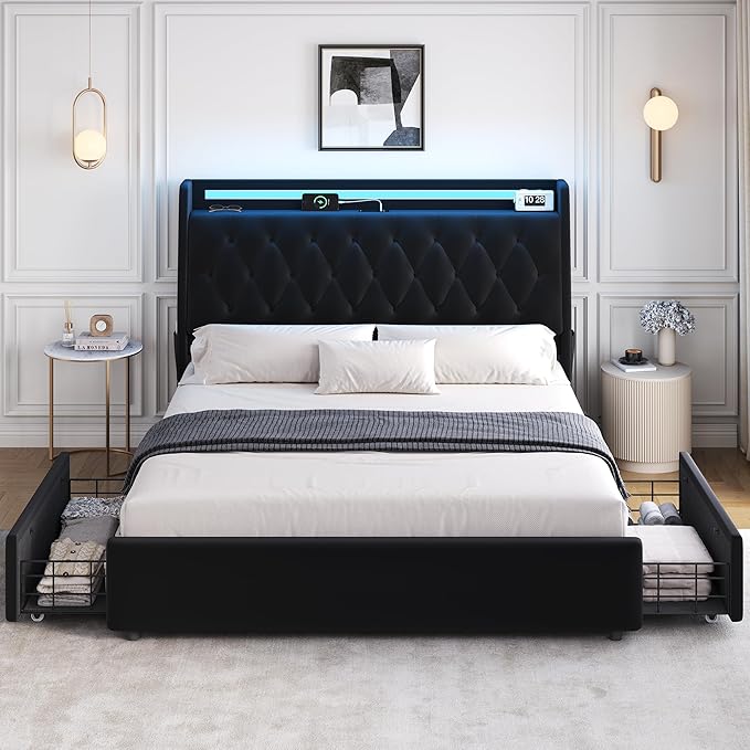 Full LED Velvet Bed Frame with 2 Storage Drawers&Hidden Headboard, Upholstered - Image 9
