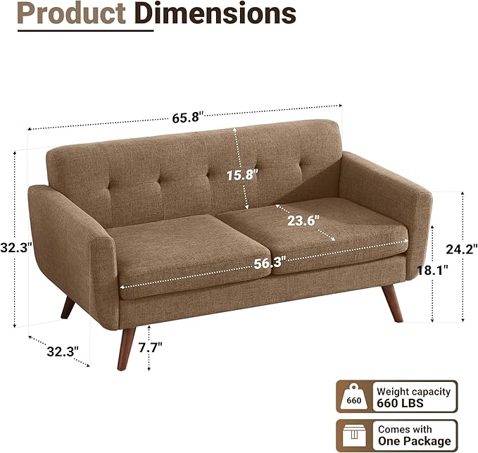 Tbfit 65" W Loveseat Sofa, Mid Century Modern Decor Love Seat Couches - Image 2