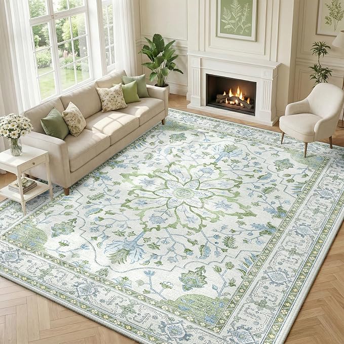 RELEANY Area Rugs 9'x12' Washable Non-Slip, Floral Vintage Distress Print - Image 2