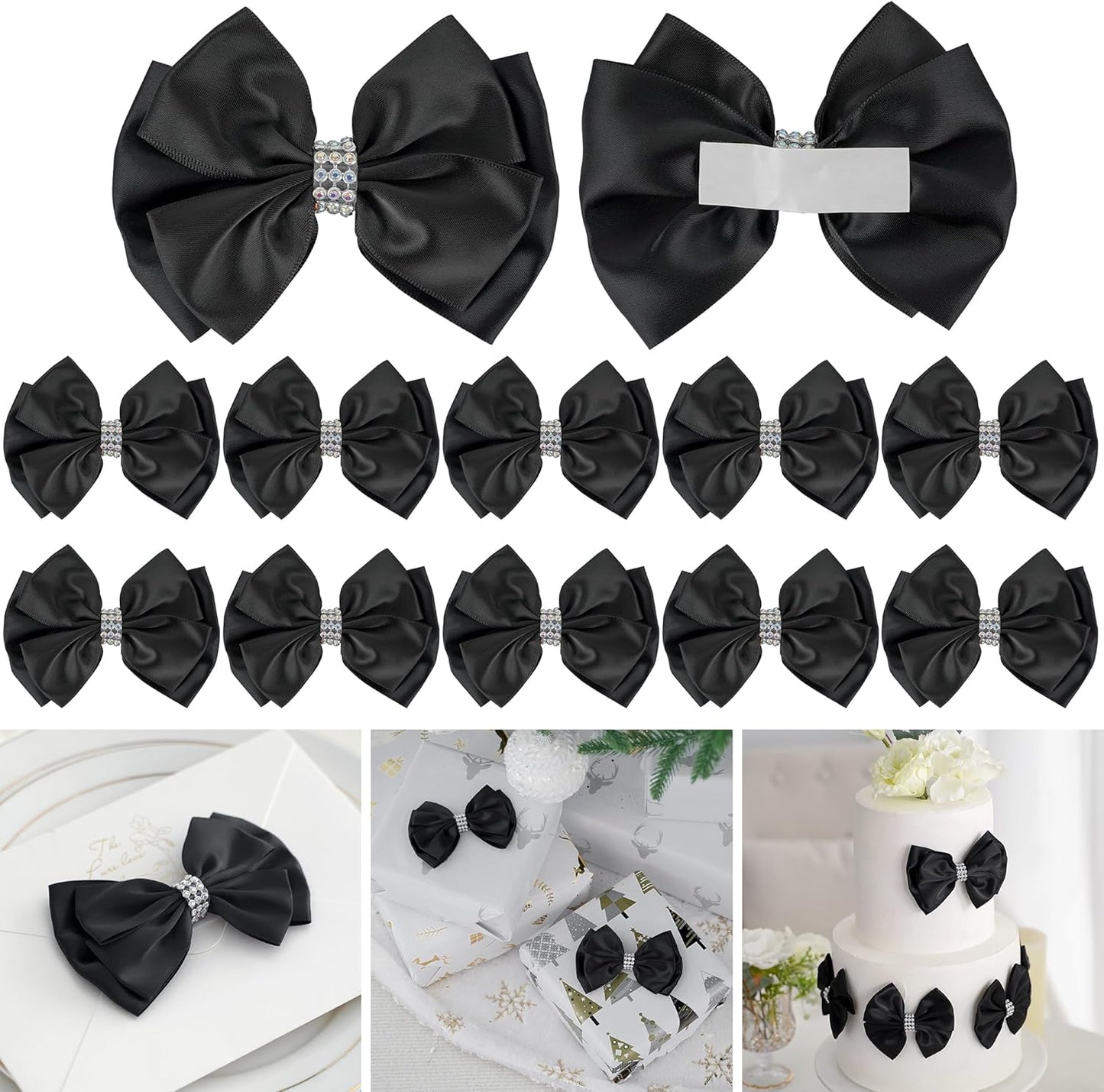 Black Satin Bows 4'' Premade Black Ribbon Bows, Gift Bows with Rhinestone, Wrapping Bows for Presents, Greeting Cards, Treat Bags, Wine Bottles, Valentines Bows for Gift Wrapping-12 Counts