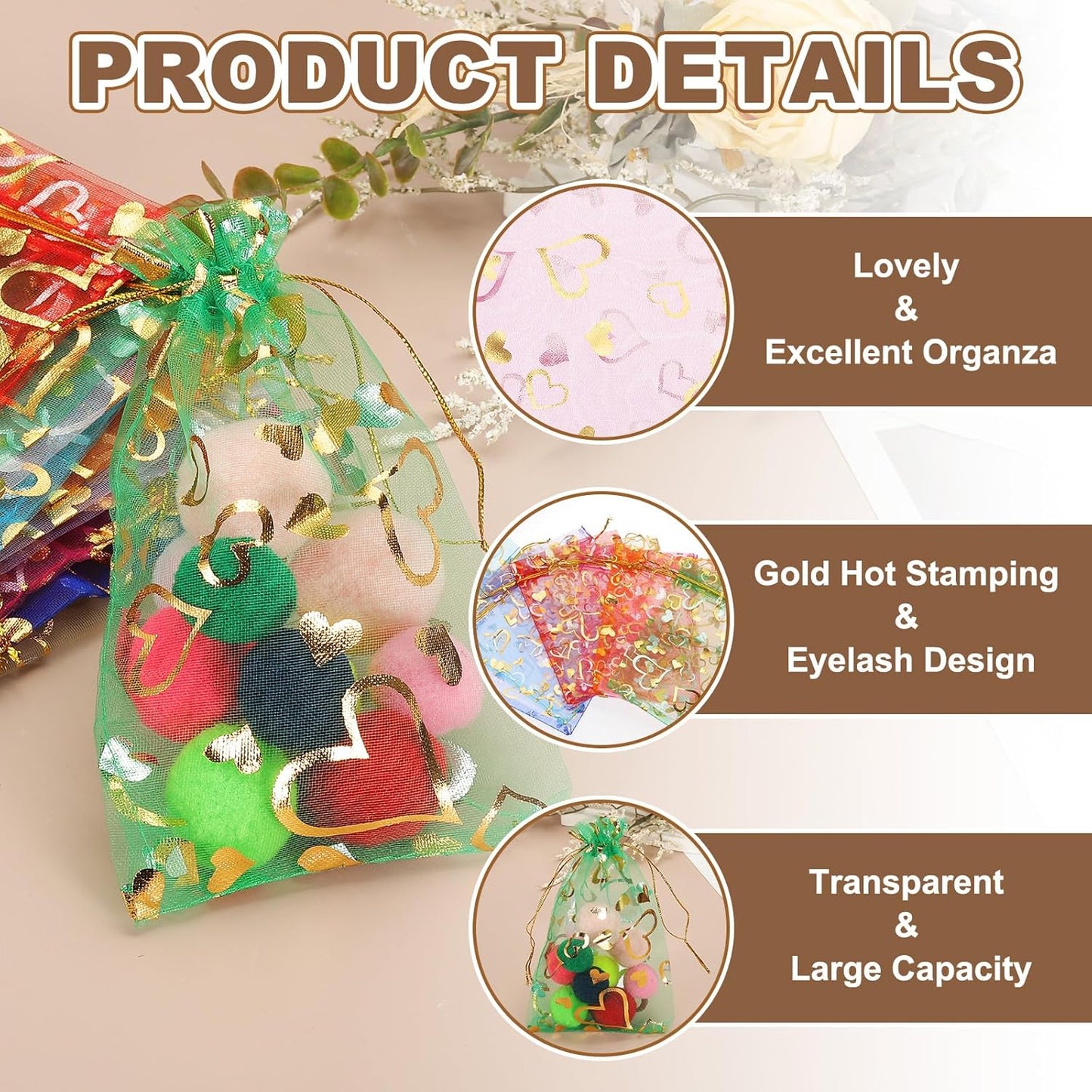 PATIKIL 100 Pcs 5x7 Inch Heart Printed Organza Bags, 10 Color Sheer Heart Organza Bags with Drawstring for Christmas Candy Jewelry Party Wedding Favor Gift