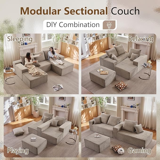 107" Comfy U-Shaped Sectional Modern Boneless Corduroy Couch - Image 3