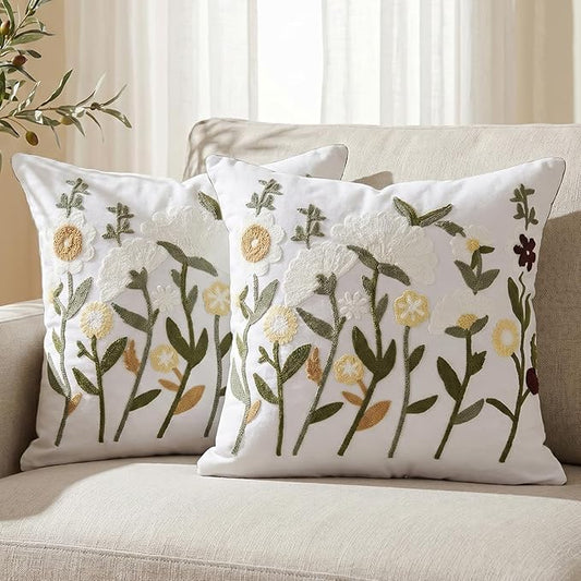 Neutral Floral Embroidered Throw Pillow Covers 20x20 Inch White Daisy Camel by Sykting