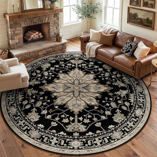 RELEANY Area Rugs Round 8ft Washable Non-Slip, Floral Vintage Distress Print by RELEANY
