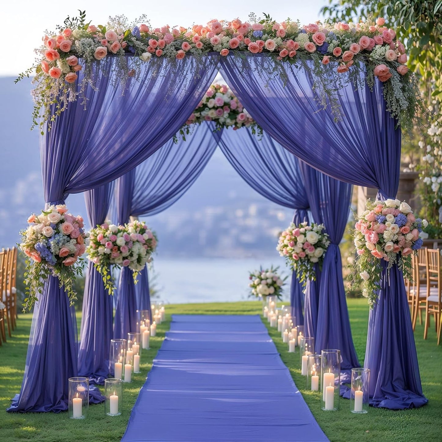 PARTISKY Wedding Arch Draping Fabric, 2 Panels 6 Yards Navy Blue Sheer Backdrop Curtain Window Scarf Valance for Table Event Party Home Decorations（2 Panels）, Navy Blue