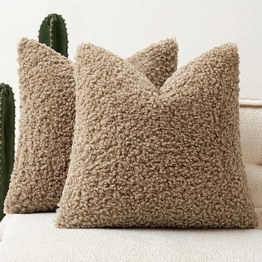 Faux Fur Throw Pillow Covers 20x20 Inch Set of 2 Boucle Neutral Decorative by Woaboy