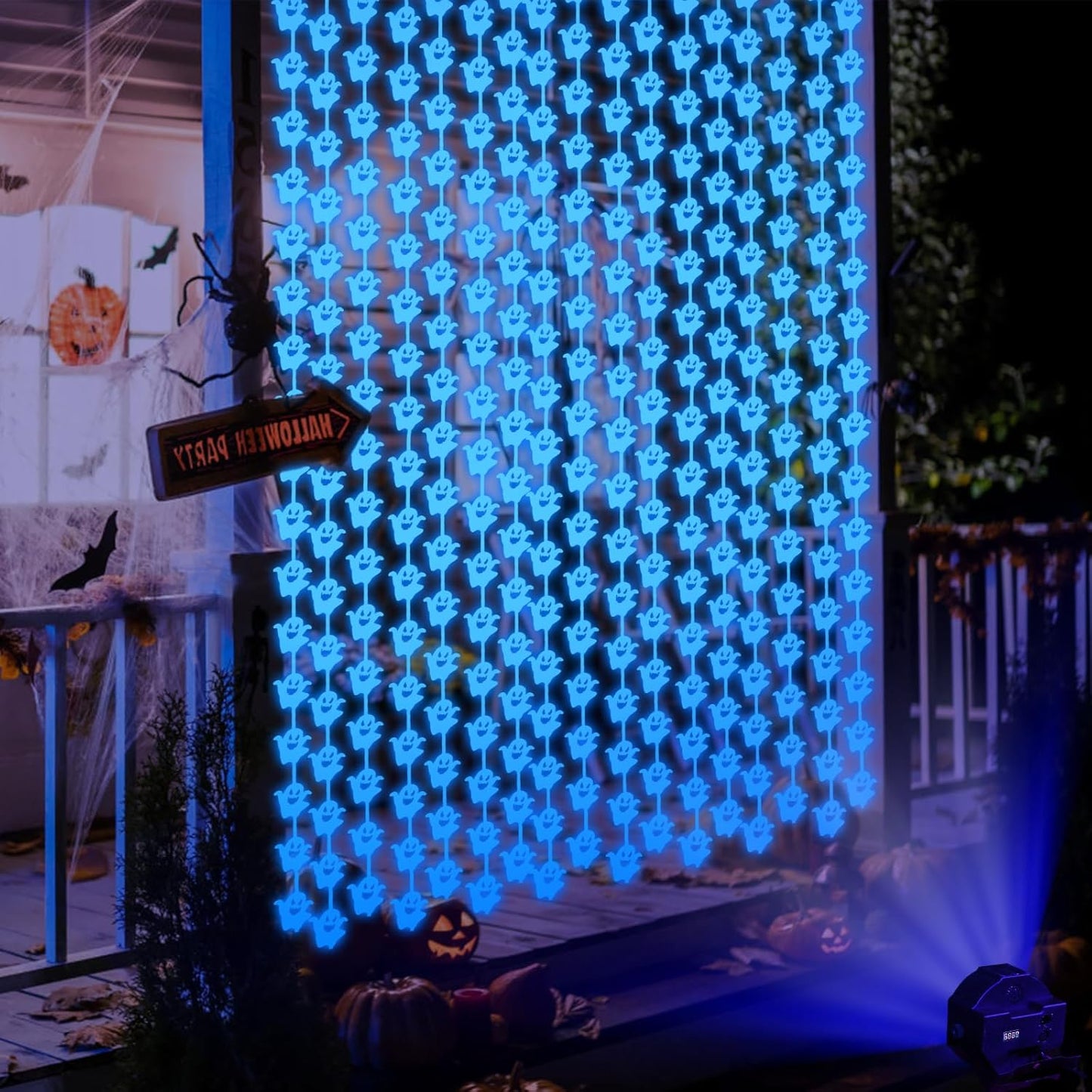 Neon Halloween Party Decorations, 2 Pack Glow in The Dark Party Supplies 3.3 x 6.6 ft Fluorescent Blue Ghost Curtains, Photo Booth Prop Backdrop Streamer, Halloween Birthday Party Decor