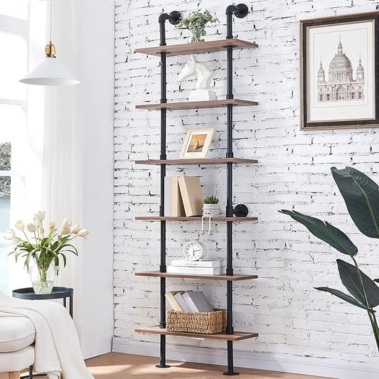 HOMBAZAAR Industrial Pipe Bookshelf, 6 Tier Pipe Shelving, Wall Mounted Ladder by Hombazaar