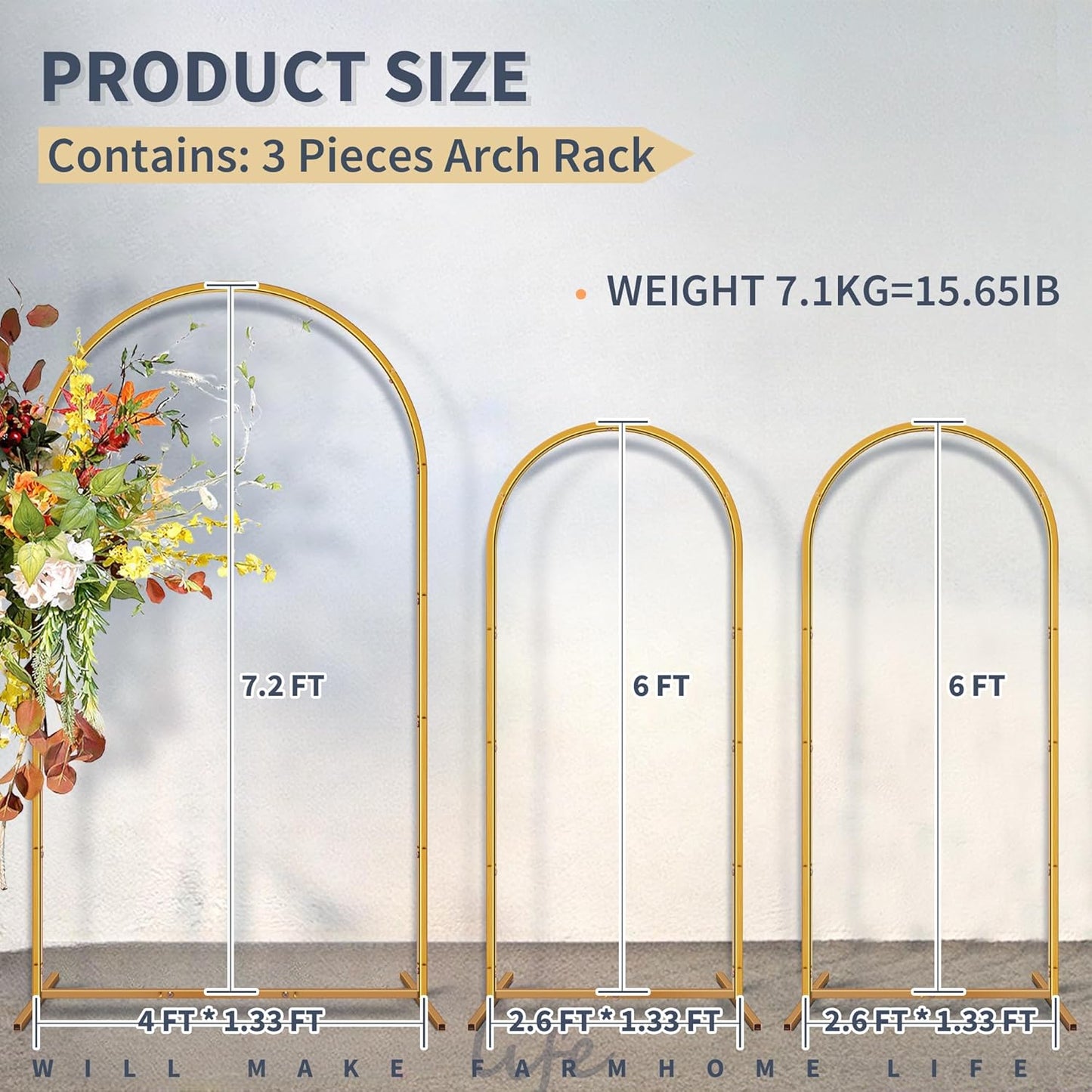 HPC Decor Metal Arch Backdrop Stand Set of 3-7.2FT,6FT,6FT Gold Wedding Arch Backdrop Stand- Square Arched Frame for Wedding Ceremony Baby Shower Birthday Party Garden Floral Balloon Arch Decoration