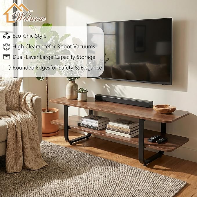 Welnow Walnut TV Stand for 65" TV, Mid Century Modern Entertainment Center - Image 4