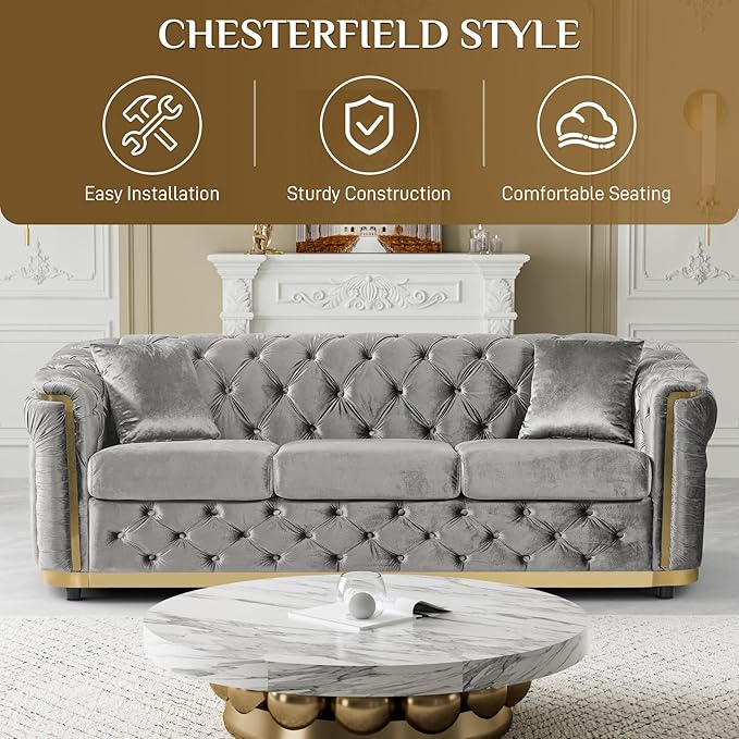 DAMAIFROM Velvet Couch Grey and Gold Sofa Luxury Loveseat 84.6" Mid Century - Image 7