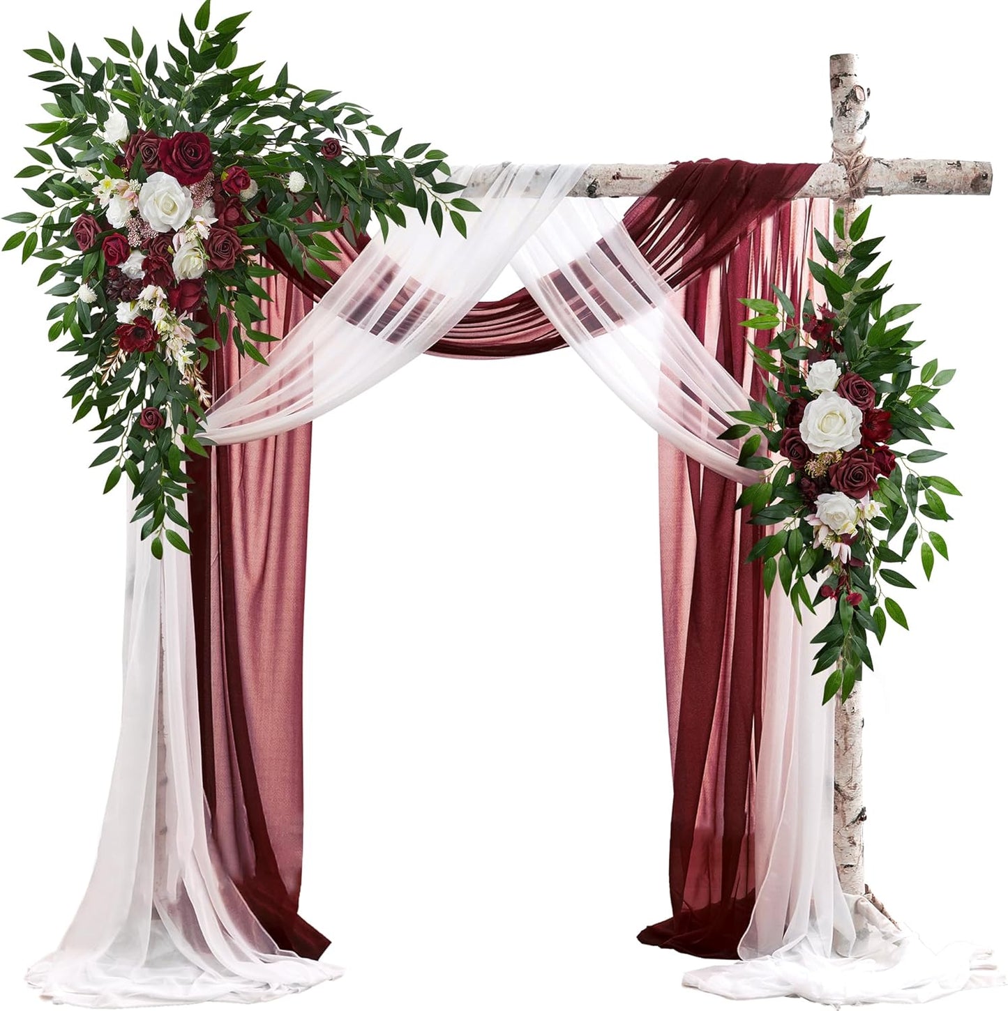 Wedding Arch Flowers with Drapes Kit (Pack of 4) - 2pcs Artificial Christmas Marsala Deluxe Swag with 2pcs Sheer Drapes for Wedding Ceremony Arbor Reception Backdrop Rose Floral Decoration
