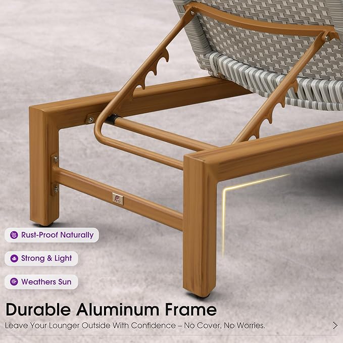 PURPLE LEAF Patio Chaise Lounge French Outdoor Lounger 1 Piece Matte Teak Grain - Image 6