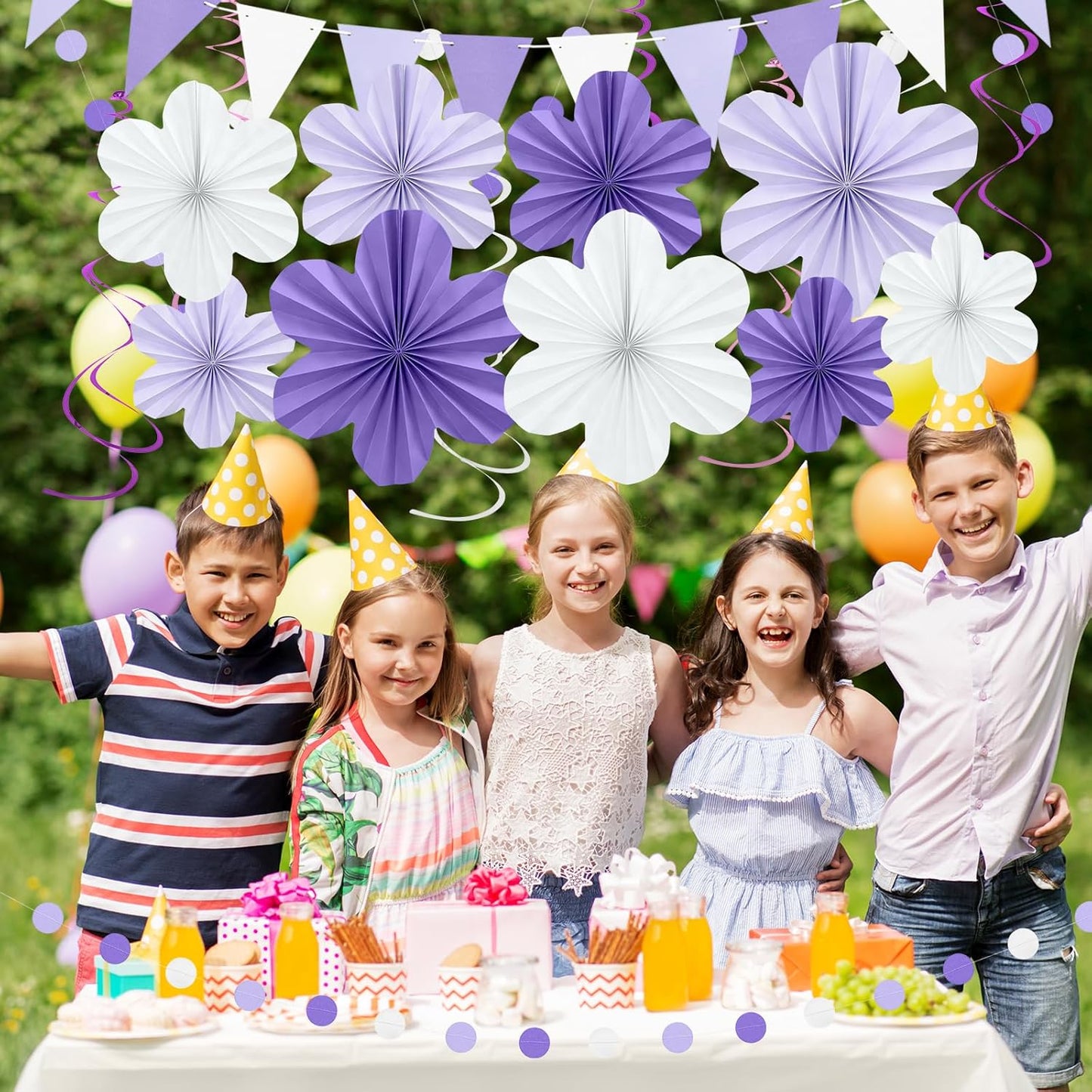 Lavender Birthday Party Decorations - Purple White Party Decorations with Hanging Paper Flowers,Tassel Garland and Swirls for Women Girl, Baby Showers Wedding Bachelorette Party Supplies