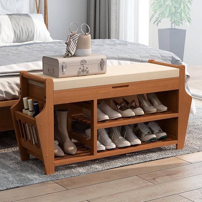 oakvivo 39.4in Shoe Bench with 2 Side Holder, 3 Tier Bamboo Entryway Bench with - Image 8