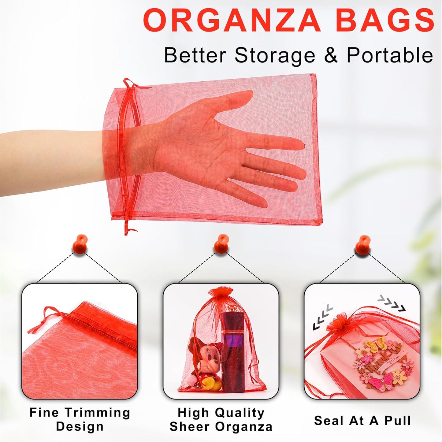 ANZNKU 50 Pack Red Organza Bags 6x9 inches Mesh Bags Drawstring, Sheer Mesh Bag Drawstring, Gift Bag for Party, Christmas Wedding Mesh Festival Makeup Favor Pouch