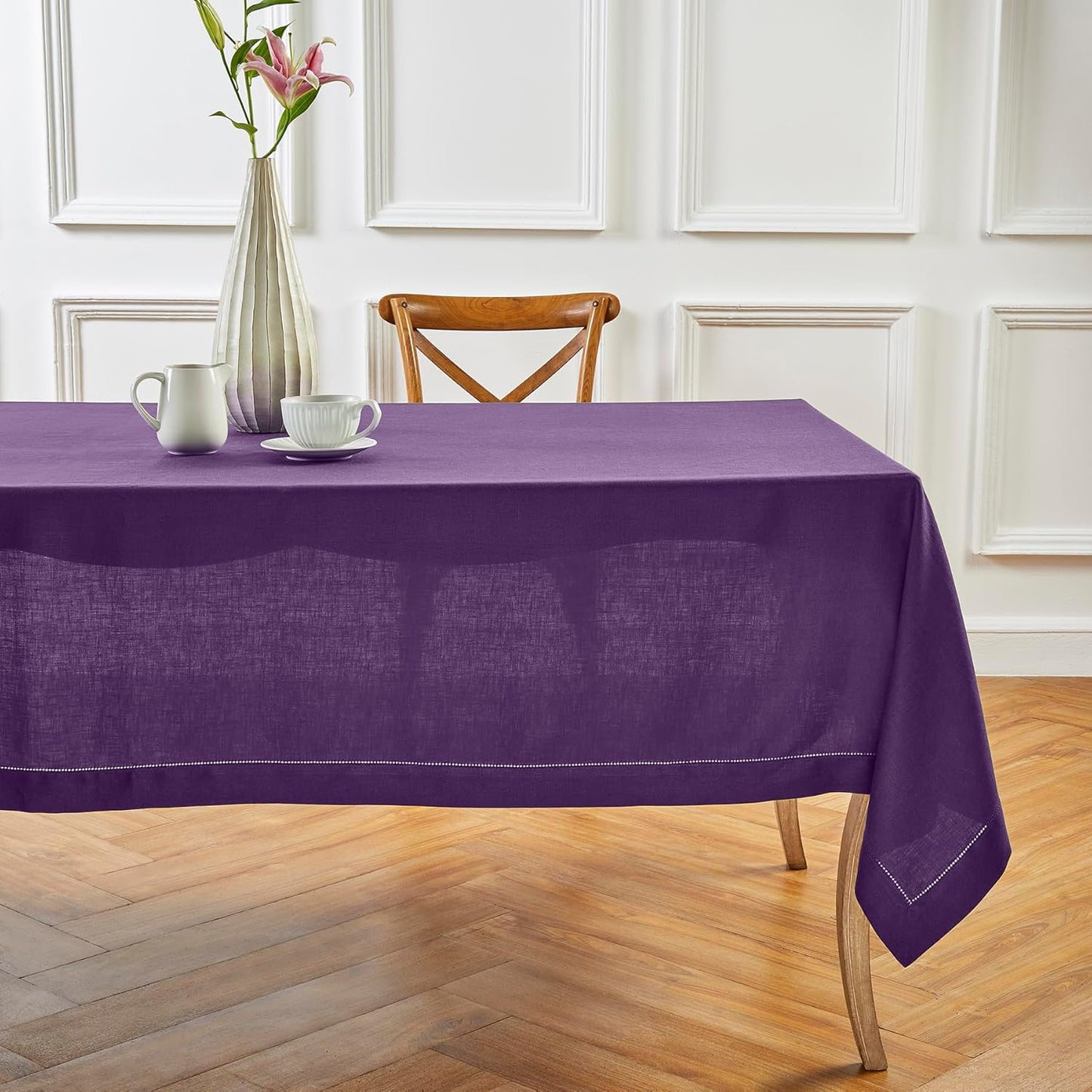Solino Home Linen Purple Tablecloth 54 x 72 Inch - Classic Hemstitch, 100% Pure Linen Rectangular Tablecloth - Machine Washable Table Cloth for Fall, Autumn, Halloween, Thanksgiving