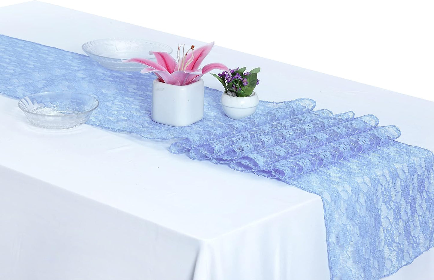 MDS Pack of 20 Wedding 12 x 108 inches Lace Table Runner for Wedding, Decorations for Birthday Parties, Banquets, Graduations, Engagements, and Runners fit Rectangle, Round Table- Baby Blue