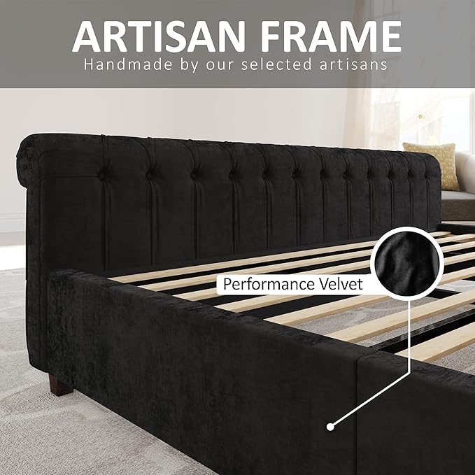 AMERLIFE Queen Size Platform Bed Frame, Velvet Upholstered Sleigh Bed - Image 7