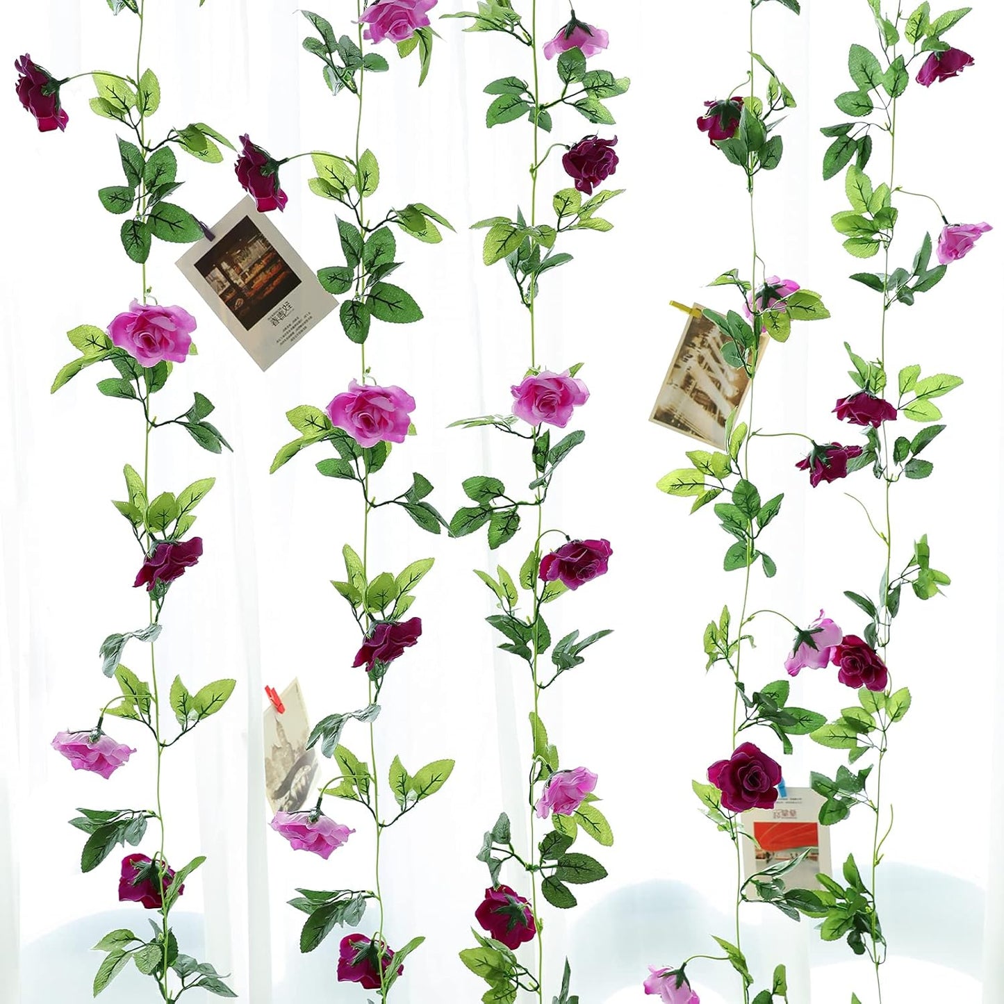 Floweroyal 2 Pack Artificial Flower Garlands 15.8FT Fake Rose Vines Silk Flowers Hanging Rose Ivy for Wedding Arch Party Home Garden Wall Decor (Fuchsia)