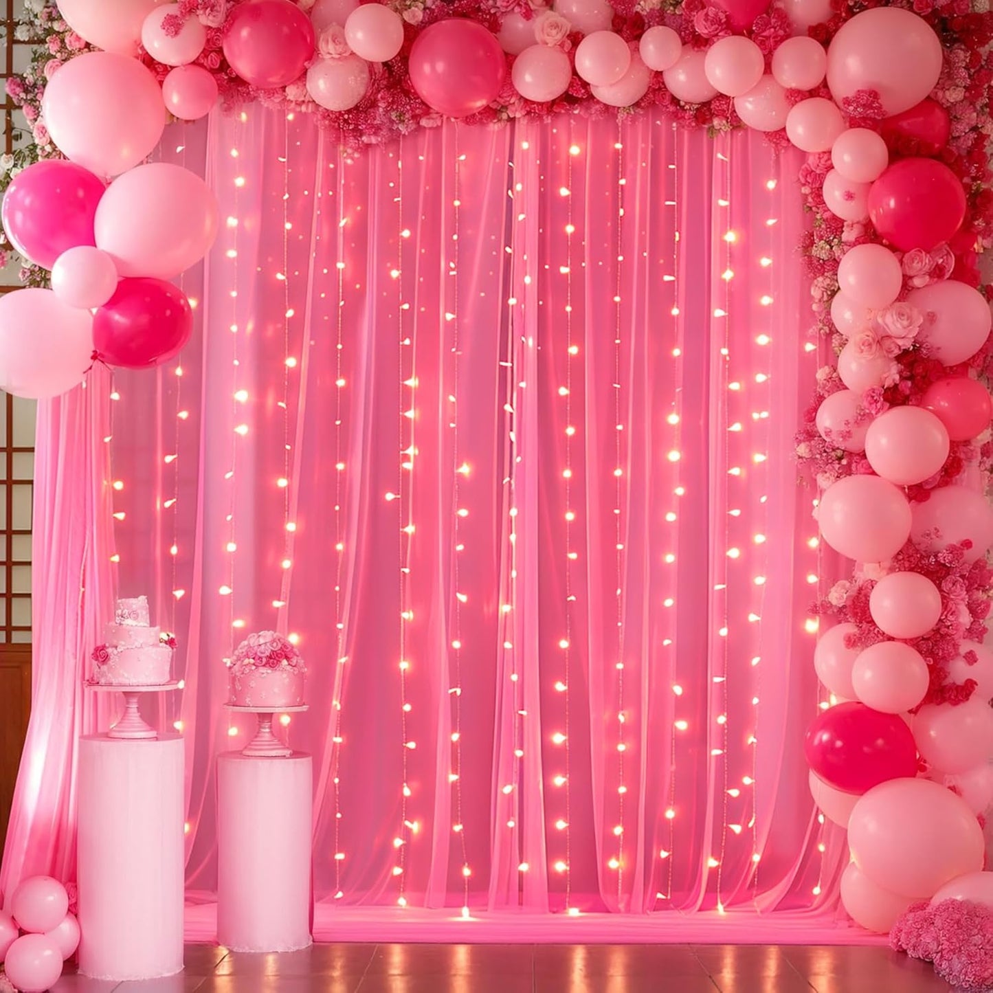 Hot Pink Tulle Backdrop Curtain with Lights for Parties 10x8ft Fuchsia Sheer Backdrop Curtains for Weddings Birthday Baby Shower Photo Shoot Background Decorations