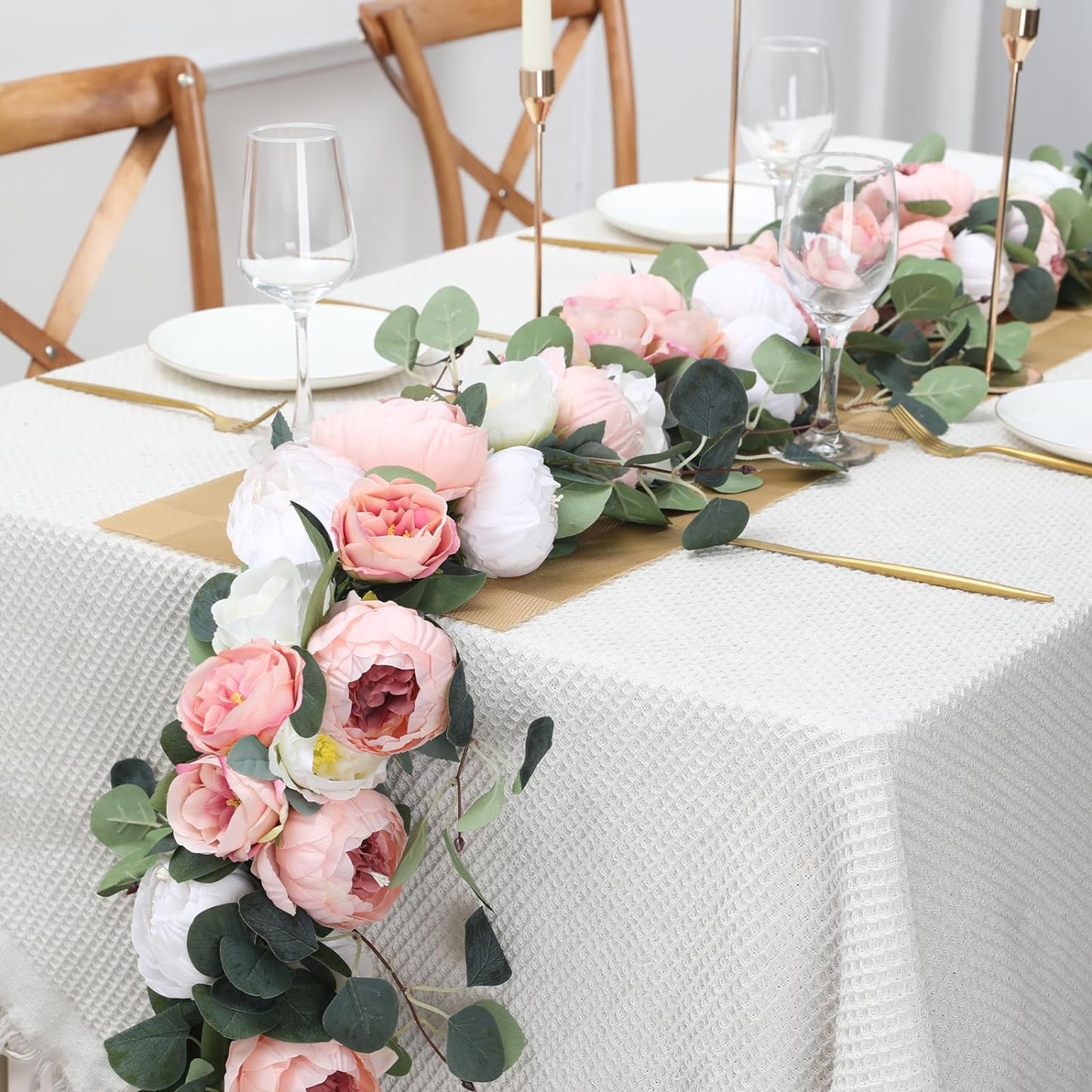 Floweroyal 2 Pack Artificial Flower Garlands 11.2FT Eucalyptus Garlands with Flowers 8 Head Peony Flower Vine Faux Floral Garland for Wedding Arch Table Wall Backdrop Wreath Decoration. (Pink & White)