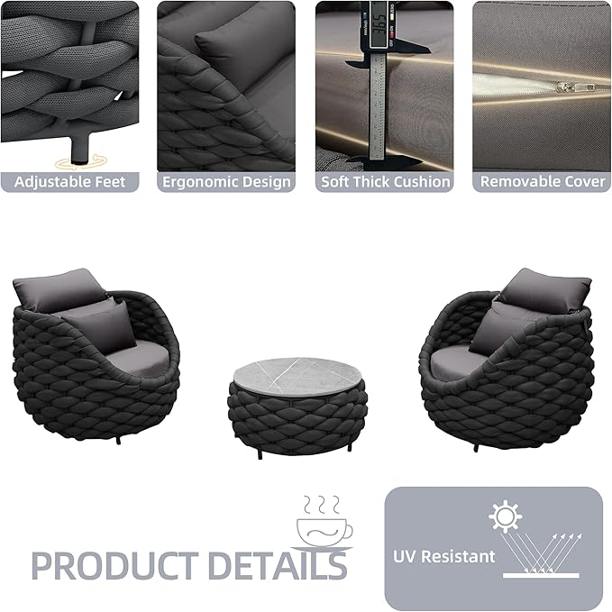 TWT 3 Pieces Aluminum Patio Furniture Set, Hand Woven Polyester Rope Modern - Image 4